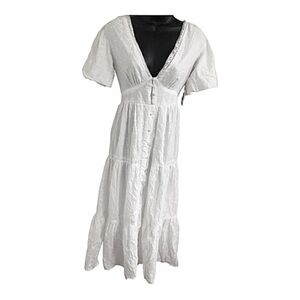Jessica Simpson white v-neck puff sleeve tiered dotted cotton dress size‎ XS new